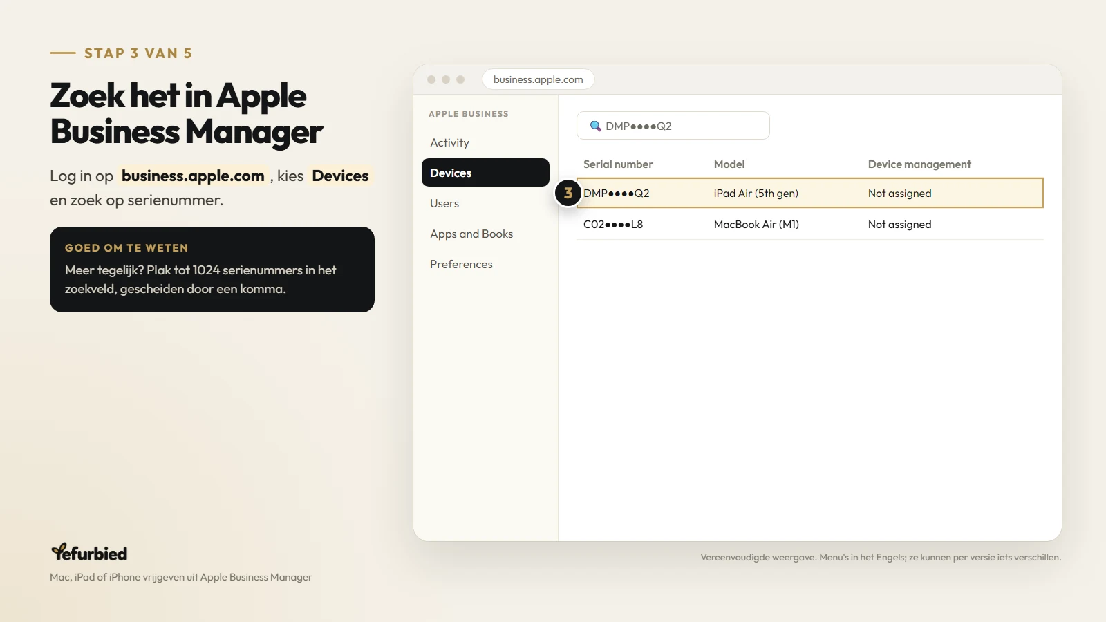 Stap 3 van 5: Zoek het in Apple Business Manager. Log in op business.apple.com, kies Devices en zoek op serienummer.