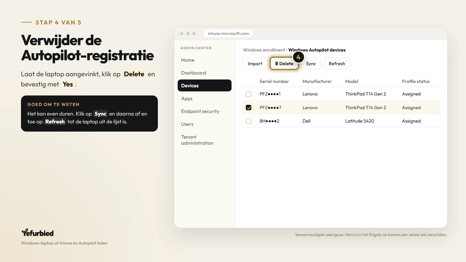 Stap 4 van 5: Verwijder de Autopilot-registratie. Laat de laptop aangevinkt, klik op Delete en bevestig met Yes.
