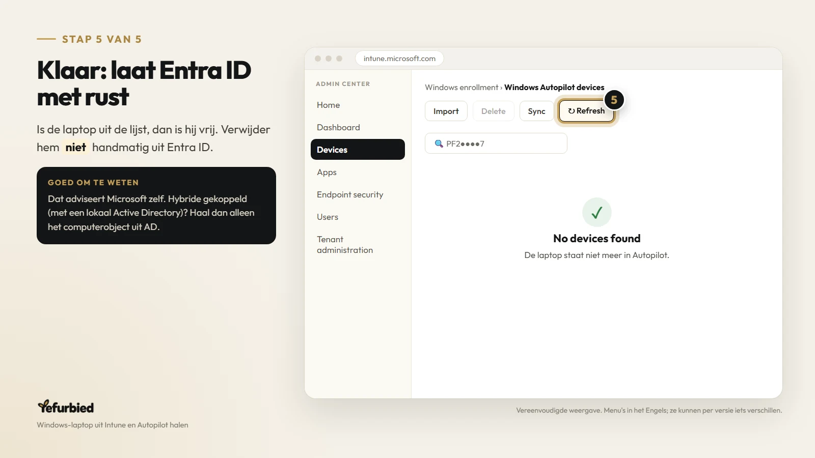 Stap 5 van 5: Klaar: laat Entra ID met rust. Is de laptop uit de lijst, dan is hij vrij. Verwijder hem niet handmatig uit Entra ID.