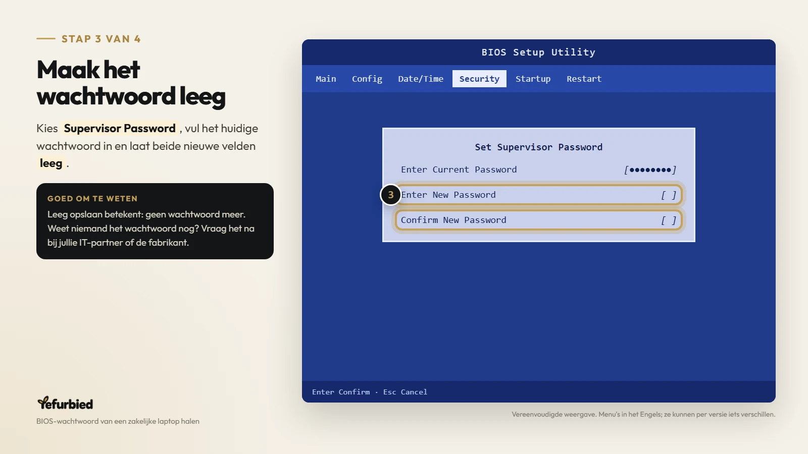 Stap 3 van 4: Maak het wachtwoord leeg. Kies Supervisor Password, vul het huidige wachtwoord in en laat beide nieuwe velden leeg.